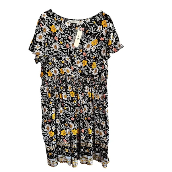 Agnes Orinda Womens 1X Floral Smocked Waist Midi Dress Black Daisy Boho 6351 - Image 2