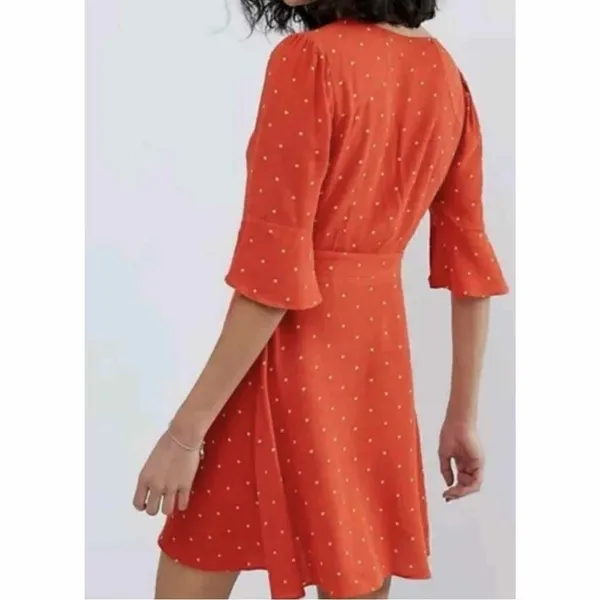 Free People All Yours Polka Dot Flounce Sleeve Mini Dress Orange Size‎ 4 V Neck - Image 5