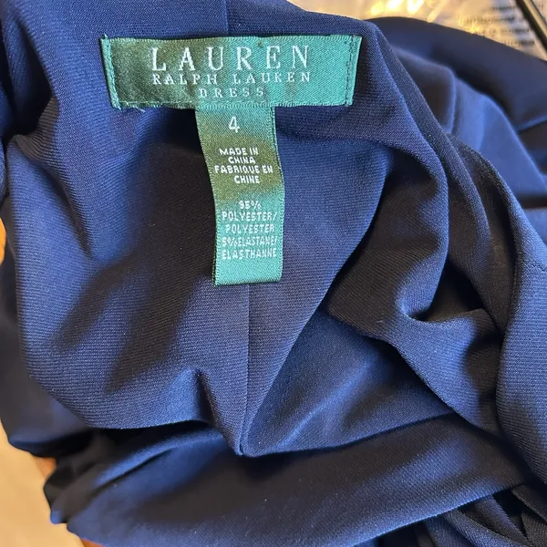 Lauren Ralph Lauren Navy‎ Blue Wrap Dress Size 4 Brown Buckle Flattering Ruching - Image 8