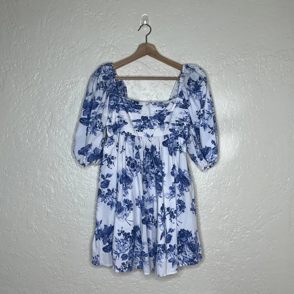 Abercrombie Emerson Poplin Puff Sleeve Mini Dress Floral Blue White Small‎ - Image 2