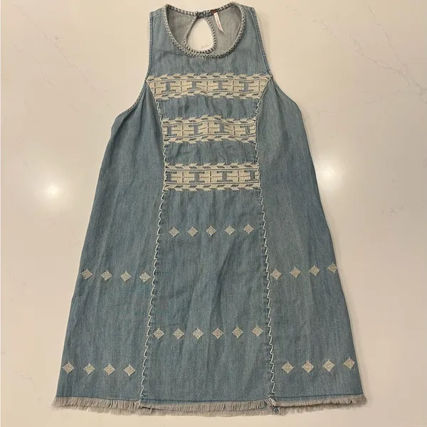 Free People Embroidered Chambray Denim Mini Dress | Size XS | Aztec Racerback - Image 3