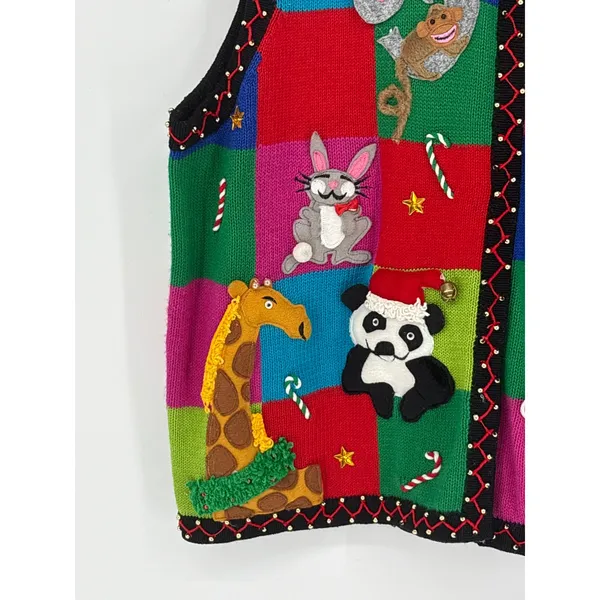 Vintage Christine Rotelli Christmas‎ Safari Animal Patchwork Knit Sweater Vest - Image 8