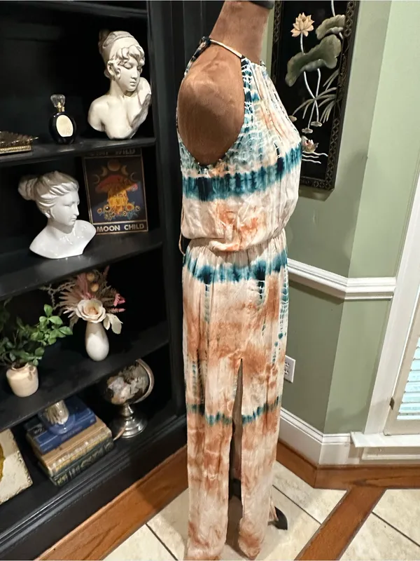Blue Life Double Slit Halter Dress – Tan & Blue Tie Dye – Size Small - Image 8