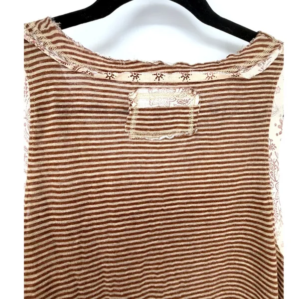 Free People Tank Top Striped Henley Medium Brown Linen Blend Boho Sleeveless - Image 9