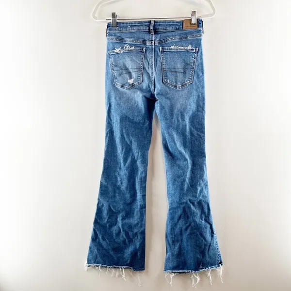 American Eagle Distressed Raw Hem Super High Rise Flare Jeans Blue 2 - Image 4