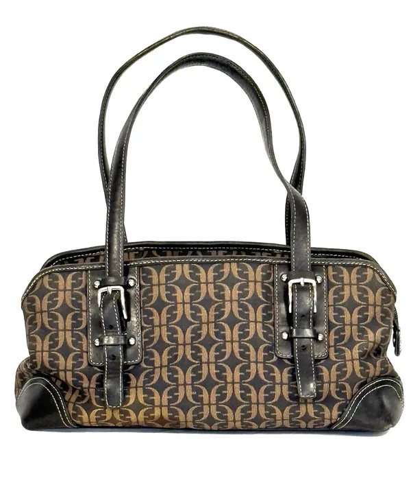 Fossil Brown Black Monogram Jacquard Leather Satchel Bag Y2K - Image 2