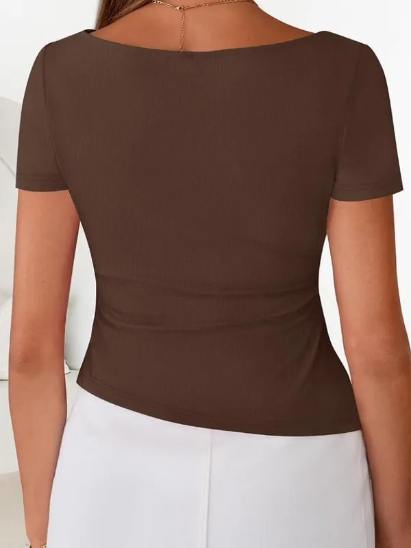 ZESICA Womens Summer Asymmetrical Ruched Short Sleeve Y2K Top. Size M - Image 4