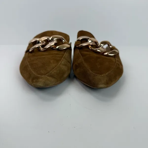 Steve Madden Finn Chain Pointed Toe Chestnut Suede Mules Gold Chain Size 8.5 - Image 3