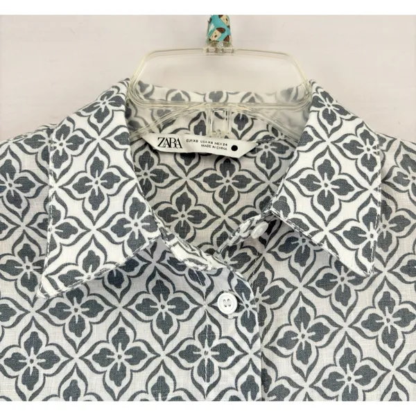 Zara Linen Floral‎ Print Button-up Shirt Tunic, 3/4 Sleeve, White/Blue XSmall - Image 8