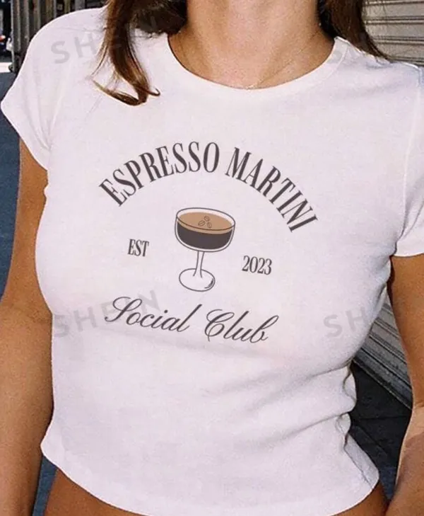 SHEIN EZwear Women's Crop Top 'Espresso Martini' Cocktail Short Sleeve T-Shirt - Image 2