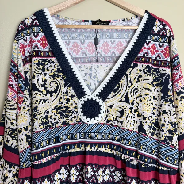 Melissa Paige Tunic Blouse 3X Blue Peasant Crochet Paisley Empire Bell Sleeve - Image 3