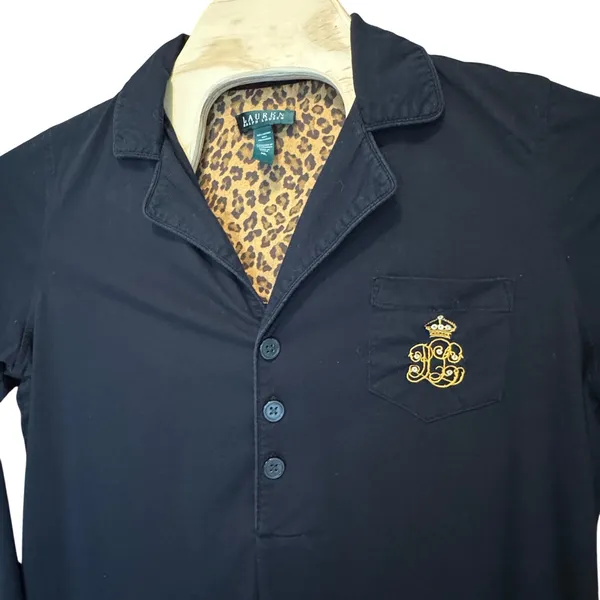 Lauren Ralph Lauren Sleep Shirt Dress XL Leopard Trim Crest Logo Old Money Mobb - Image 2