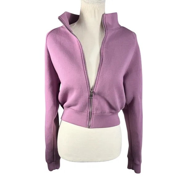 Mauve Cropped Zip Up Jacket Womens M Funnel Neck Sweatshirt Athleisure - Image 3