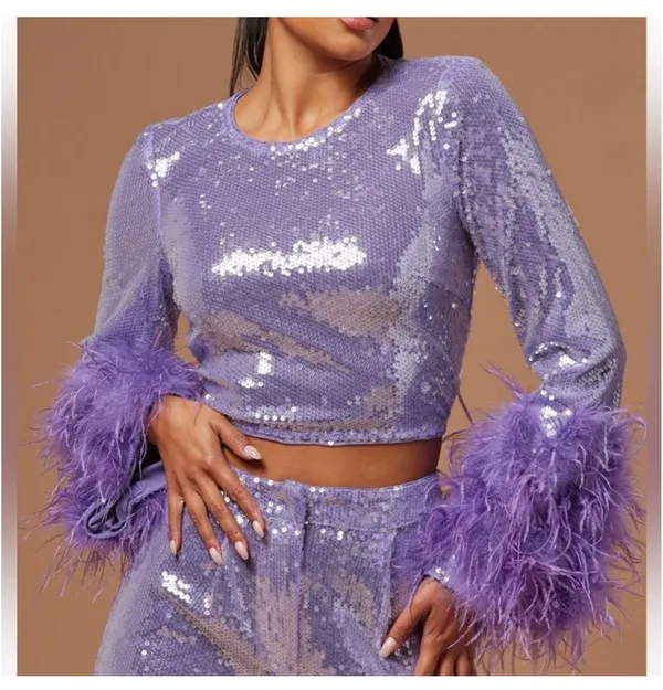 Lavender sequin feather sleeve set Purple Size XS - Image 5
