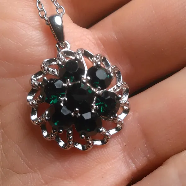 Green Crystal Floral Platinum over Brass Pendant Stainless Steel Necklace - Image 2