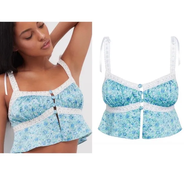 For Love & Lemons Alana Floral Print Lace Strap Cami Camisole Crop Top Size XXS - Image 2