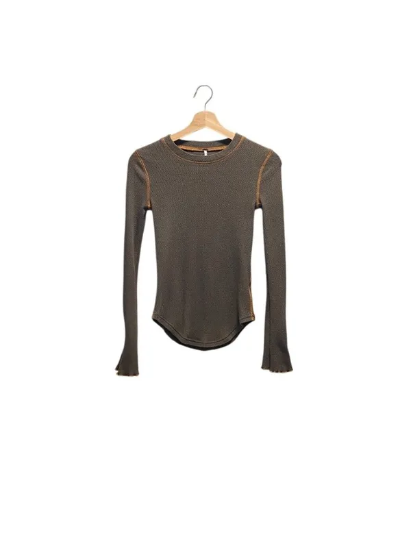 Free People Zip It Waffle Knit Thermal Top Khaki Size XS Neutral Fall Boho Cute - Image 2