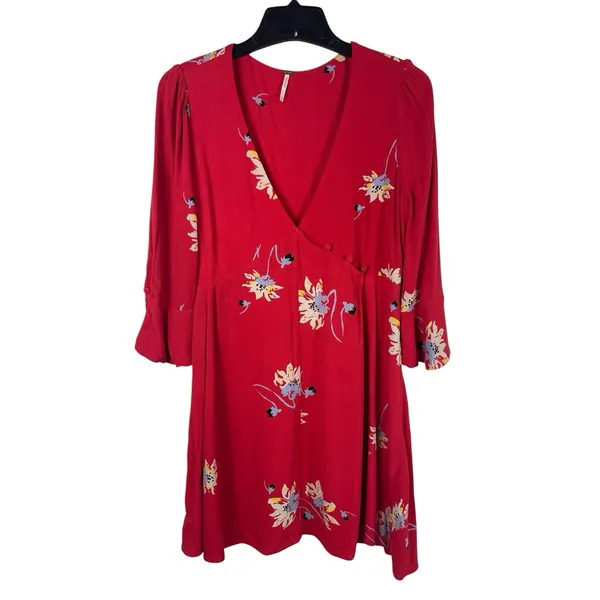 Free People Red Floral Wrap Dress Women’s S Bell Sleeve Boho Mini Dress - Image 2