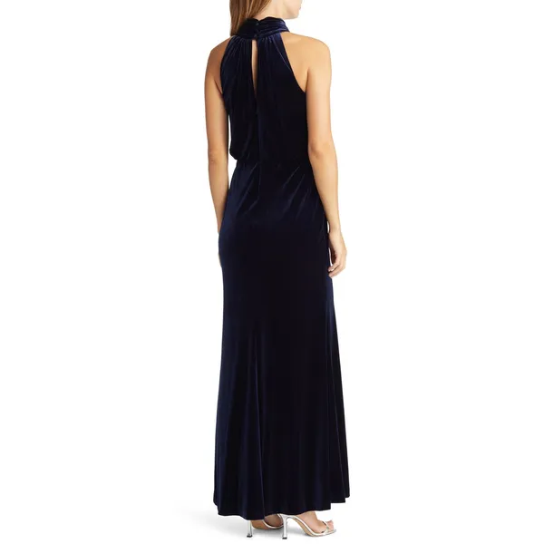 Eliza J Navy‎ Blue Velvet Halter Neck Maxi Gown EJ1M9028 Womens 8 NWT - Image 2
