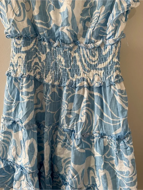 Blue White Swirl Print Smocked Waist Ruffle Mini Dress Small Coastal Vacation - Image 5