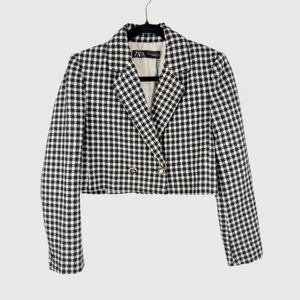 ZARA Womens Blazer Black Double Breasted Plaid Cropped Tweed Jacket Notched XS - Image 2