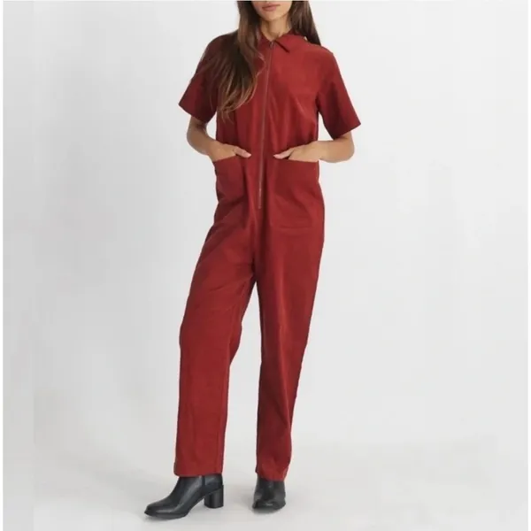 All Row Rust Red Corduroy Utility Jumpsuit Short Sleeve Zip Front PM1070 Large - Image 10