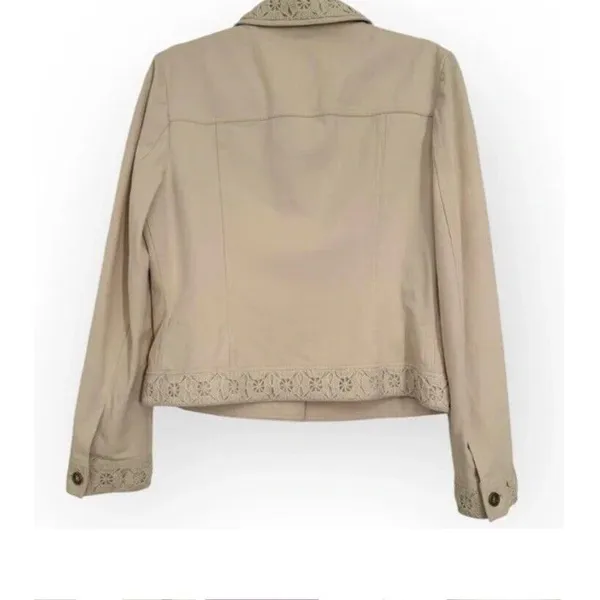 St. John Sport Ivory Stretch Cotton Jean/Denim Embroidered Jacket sz‎ S - Image 4