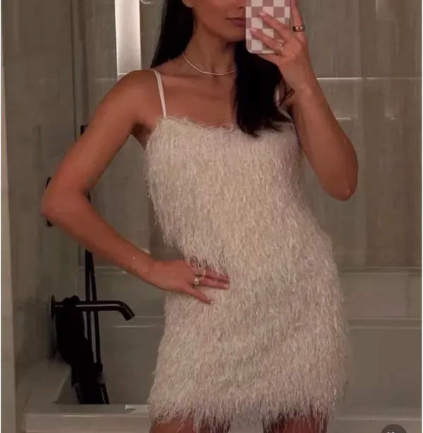 Zara White fringe Feathered Mini Dress sz S - Image 4