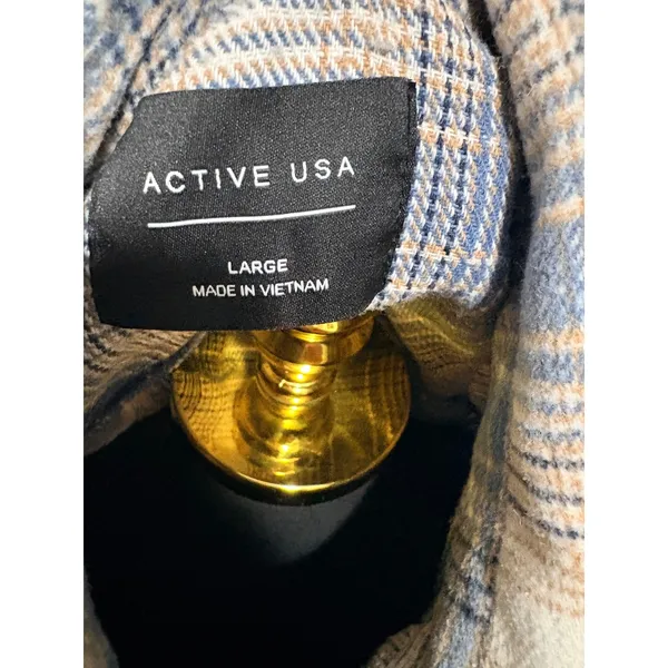 Active USA Blue Tan‎ Plaid Wool Blend Shacket Button Front Jacket Large J12525 - Image 4