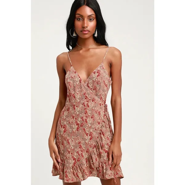 Free People All My Love Pink Multi Floral Print Wrap Slip Dress Size Large - Image 3