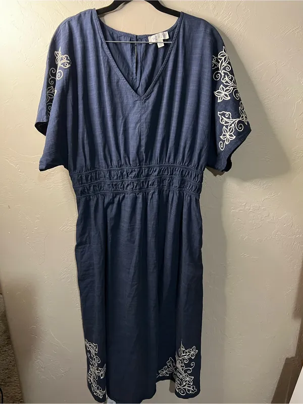 She + Sky Blue Embroidered Boho Midi Dress Rayon Cotton Cottagecore - Image 2