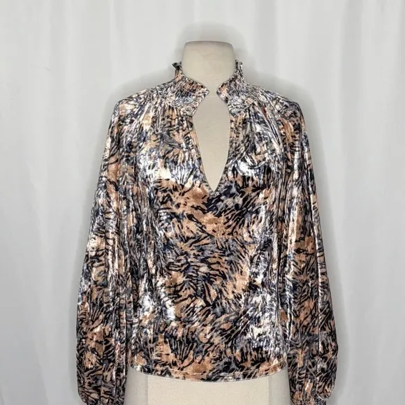 FREE PEOPLE Smocked Crushed Velvet Top Blouse Go Get 'Em Tiger Animal Small - Image 3