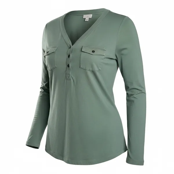 🩷 J. Jill Women Henley Top Large Green Long Sleeve V-Neck Utility Pockets Cotton - Image 2