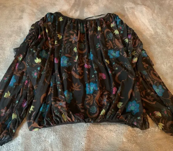 Free People Size Large Wild Flowers Honey Floral Mesh Blouse Top Peasant… - Image 4