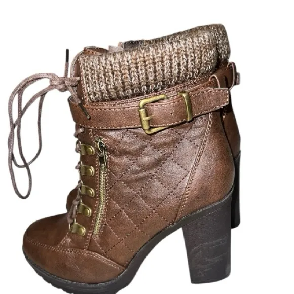 Brown Quilted lace up and zip Ankle Boots - Image 2
