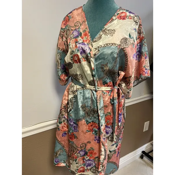 Cinema Etoile Vintage 2 Piece Nightgown Kimono Robe Set Floral Chain Print M/L - Image 15