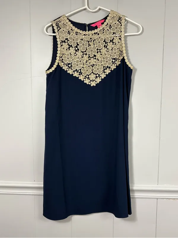 Lilly Pulitzer Navy Nala Shift Dress 4 Gold Crochet Lace Neckpiece Preppy Summer - Image 5