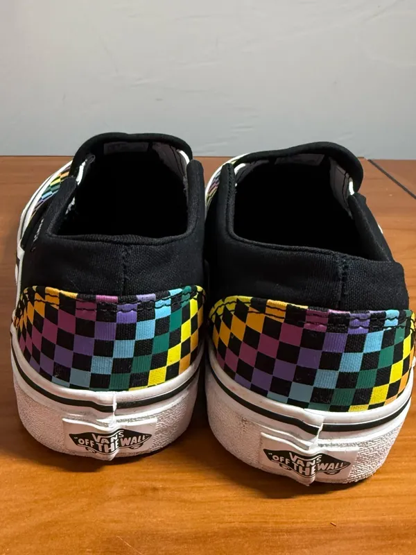 Vans Classic Slip On Checkerboard Canvas Sneaker Skate Rainbow Black Shoe W6.5‎ - Image 4