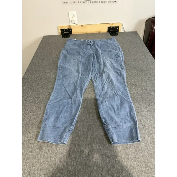 Level 99 Blue Denim Cargo Pants Women's Sz L Drawstring Elastic Waist Pockets - Image 2