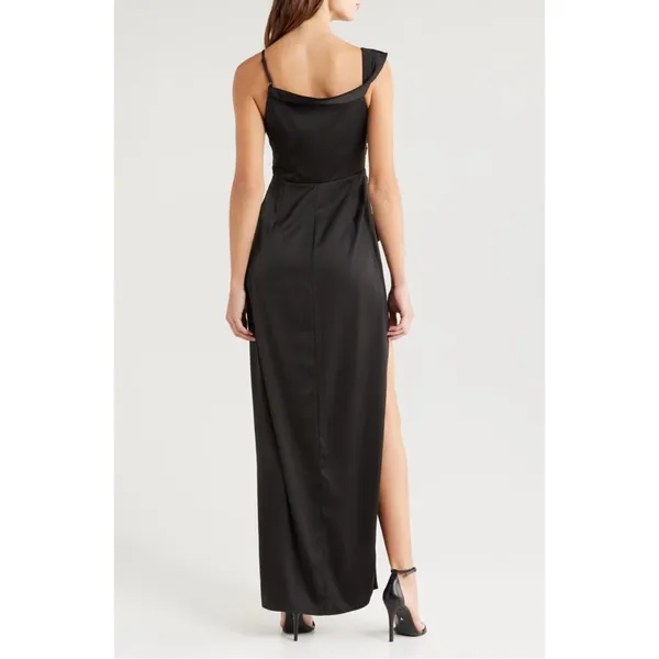 Lush Love Black Satin Asymmetrical High Slit Off-the-Shoulder Dress Size Large - Image 2
