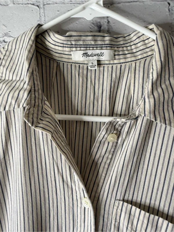 Madewell Cream and Navy Striped Button-Up jumpsuit wide leg size large - Image 6