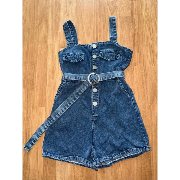 Yidula Denim Romper Belted Button Front Cuffed Shortalls Y2K Streetwear Size 11 - Image 2