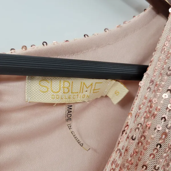 Sublime Sequined Gown S Pink Faux Wrap Long Puff Sleeve Tigh Slit Party Wedding - Image 2