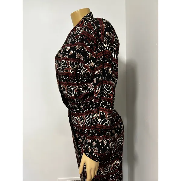 Vintage Maggy London Black Burgundy Geometric Floral Rayon Midi Dress Size 10 - Image 8