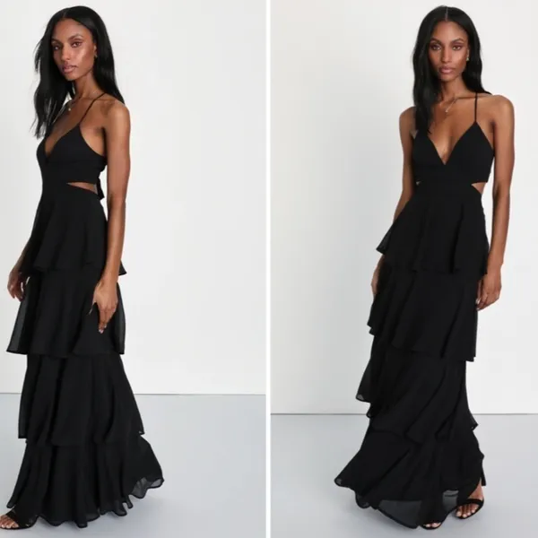 LULUS Prom Wedding Bridesmaid Sexy Tiered Ruffles Black Maxi Dress - Image 2