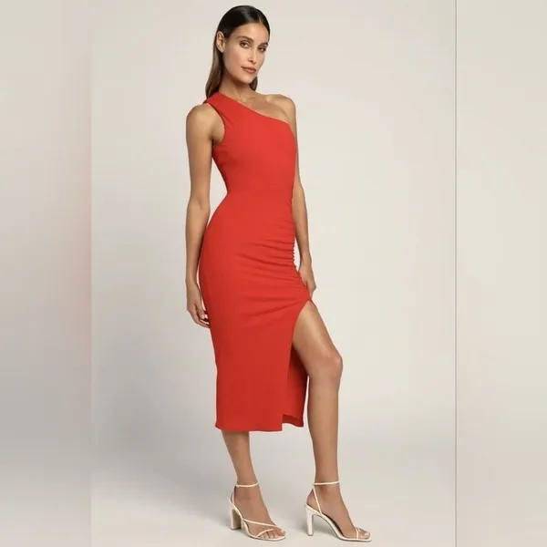 Lulus Red Centered on Style One-Shoulder Ribbed Bodycon Slit Midi‎ Dress Size XL - Image 3