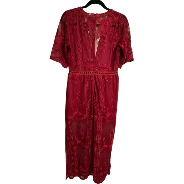 Maroon Dark Red Romper Boho V Neck Lace Maxi Dress Medium - Image 2