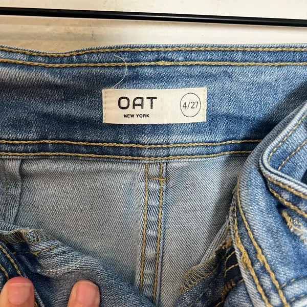 OAT NEW YORK- High Rise Wide Leg Jeans Blue Denim Powder Light Wash Raw Fray Hem - Image 9