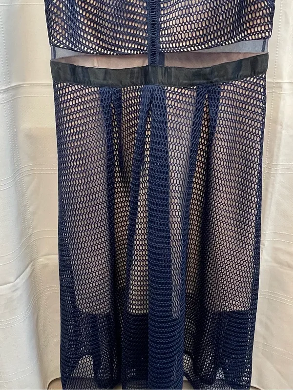 L'ATISTE L Navy Blue Wedding Guest Sheer Mesh Illusion Midi Dress Self Portrait - Image 5