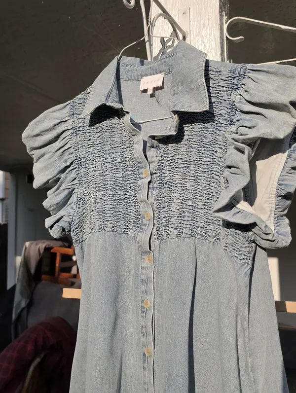 Entro Light Blue Denim Mini Dress with Puff Sleeves Medium - Image 6
